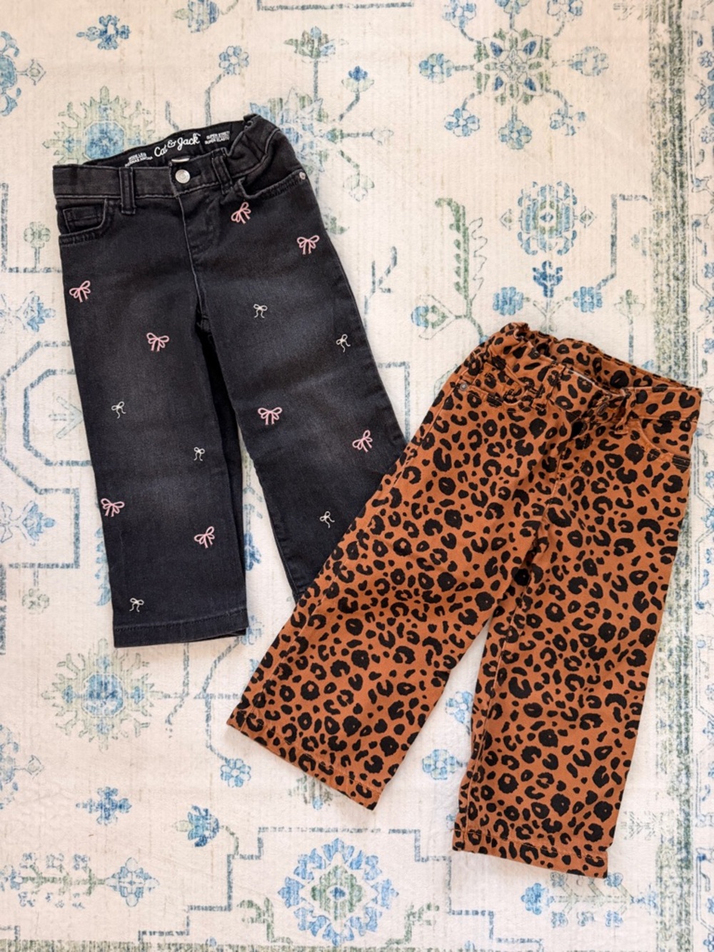 Cat & Jack Black Jeans with Pink Bow Embroidery + Brown Leopard Print Pants Set
